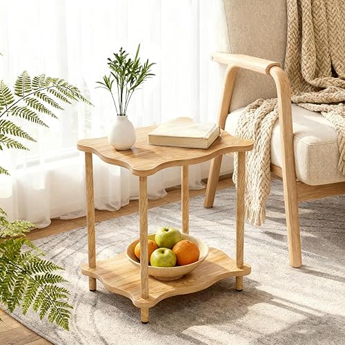 2-Tier Side Table, 15.7”x11.8”x17” Space-Saving Accent Table with Solid Wood Legs, Tool-Free Assembly Small Nightstand for Bedroom Living Room, Burlywood