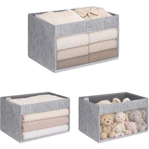 WUIKE Closet Storage Bins with Clear Window, Fabric Organizer Baskets with Handles, Foldable Linen Closet Organizers and Storage for Shelves, Light Gray, Large, 3 Pack