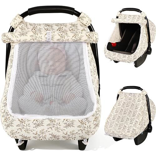 Pea Pod Car Seat Covers for Babies, Muslin Cotton Baby Car Seat Cover with Breathable Zippable Mesh Window, Universal Infant Carseat Cover, Baby Summer Travel Essentials for Boys, Girls (Boho Leaf)