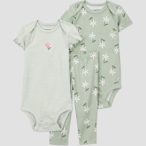 Carter's Just One You® Baby Girls' 3pc Floral Long Sleeve Bodysuits and Ruffle Overalls Set - Green