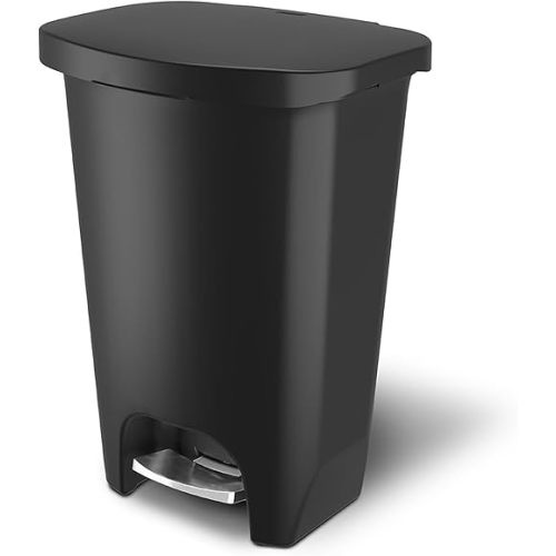 Glad Premium 13 Gallon Trash Can - Plastic Kitchen Waste Bin with Odor Protection of Lid, Stainless Steel Step On Foot Pedal and Garbage Bag Rings, Black