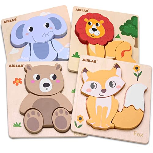 Wooden Puzzles for Toddlers 1 2 3 Year Old Animals Shape Puzzle Toys for Travel Airplane Gift for Kids Montessori Early Development Gifts for Baby Boys Girls with Drawstring Bag Pack of 4