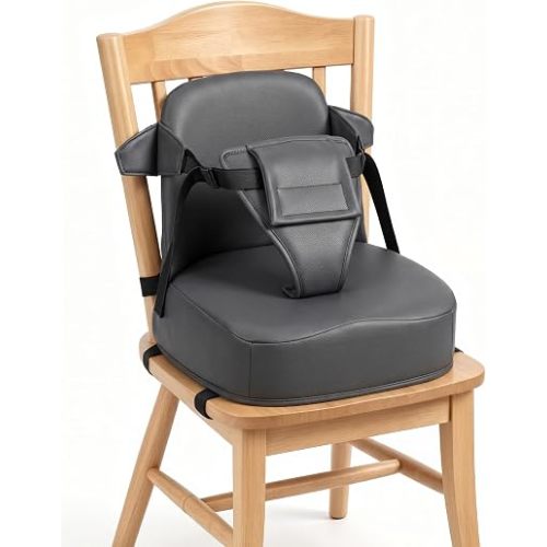 Babelio Ergo-Rest Booster Seat for Kitchen Chair, Promote Proper Upright Posture, Non-Slip with Backrest & Adjustable Straps, Stain-Resistant Faux Leather, Fits Toddlers 1-5 Years, Dark Grey