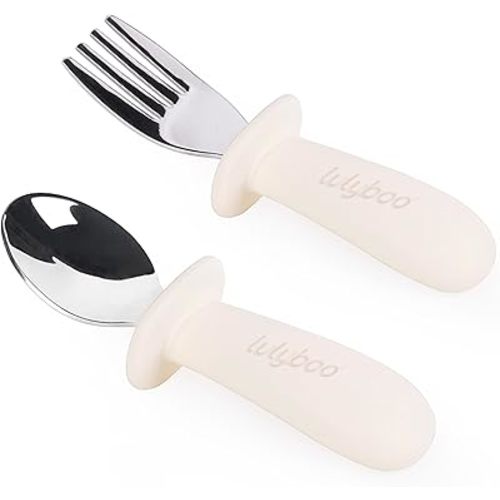 Lulyboo Silverware Utensils, Easy- Grip Handles, Self Feeding Baby & Toddler Stainless Steel Spoon & Fork Set, Ivory