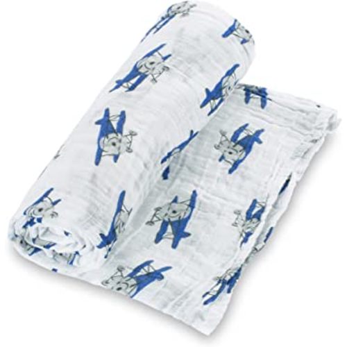 LollyBanks Muslin Swaddle Blanket, 100% Muslin Cotton Baby Blankets for Boys, 47 X 47 Inches Baby Boy Swaddles, Breathable and Lightweight Infant Blanket, Newborn Essential, Registry (Airplane Print)