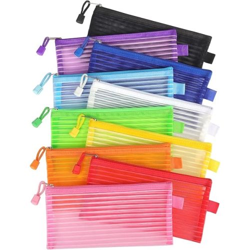 Tamaki 10 Pack Zipper Mesh Pouch Pencil Pouch Multicolor Pen Bag Multipurpose for Office Supplies Travel Storage Bags, 10 Colors