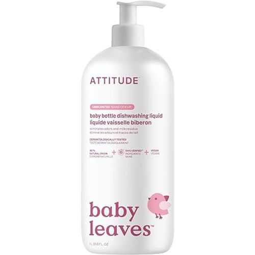 ATTITUDE Baby Dish Soap and Bottle Cleaner, EWG Verified Dishwashing Liquid, No Added Dyes or Fragrances, Tough on Milk Residue and Grease, Vegan, Unscented, 33.8 Fl Oz