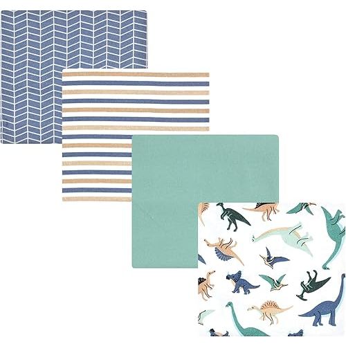 Hudson Baby Unisex Baby Cotton Rich Flannel Receiving Blankets 4-Pack, Dino Friends, One Size