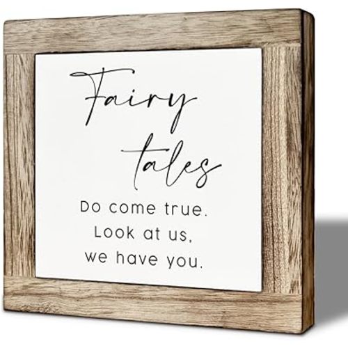 Kids Room Wooden Box Sign Desk Decor, Nursery Quotes Decor Sign, Fairy Tales Do Come True. Look at Us, We Have You, Positive Table Top Sign for Kids room Nursery Decoration 5.9X5.9 Inches