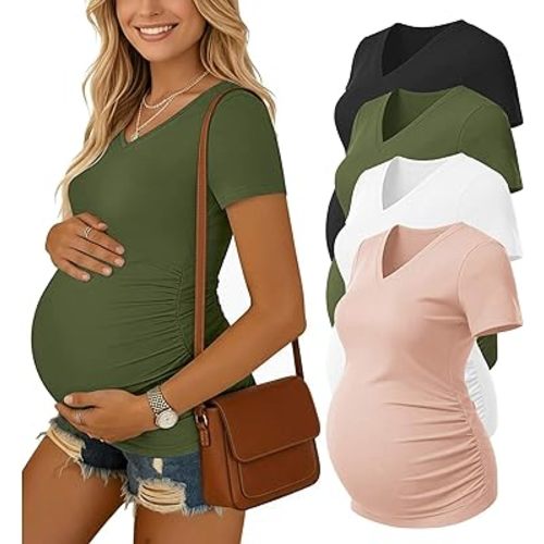 Ekouaer 4 Pack Maternity Shirts V Neck Maternity Top Short Sleeve Casual Tee Side Ruched Pregnancy Clothes