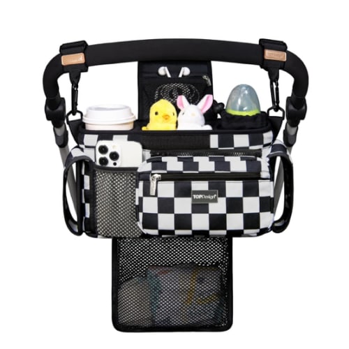 TOPDesign Universal Baby Stroller Organizer, Stroller Caddy with Detachable Mesh Bag & Heightened Insulated Cup Holders & Non-Slip Secure Hooks Accessories, Fits Most Strollers (Checkerboard)