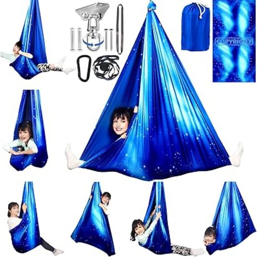 Double Layer Sensory Swing for Kids & Adults Holds up to 300lbs Indoor and Outdoor Therapy Cuddle Swing with 360° Swivel Hanger Kit Adjustable with Aspergers Autism ADHD (Star Blue)