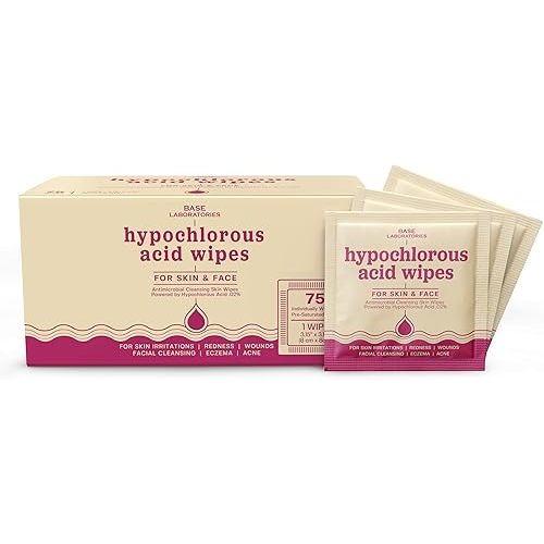 BASE LABORATORIES Hypochlorous Acid Wipes for Face & Skin - Facial Cleansing and Daily Skin Repair Hypochlorous Acid Wipes - for Sensitive Skin, Redness, Irritations, Eczema - 75 Wipes