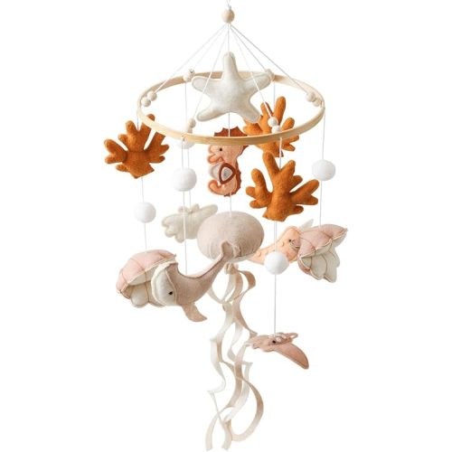 Moyii Ocean Life Baby Crib Mobile - Boho Felt Nursery Decor for Boys & Girls, Handmade Under the Sea Theme with Seahorse, Whale, Dolphin & Seagull, Neutral for Newborn & Mom-to-Be