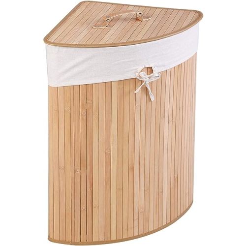 GOFLAME Corner Bamboo Laundry Hamper with Lid and Removable Liner, Washing Clothes Basket Storage Bin with Handle, Suitable for Bedroom, Bathroom, Laundry (Natural)