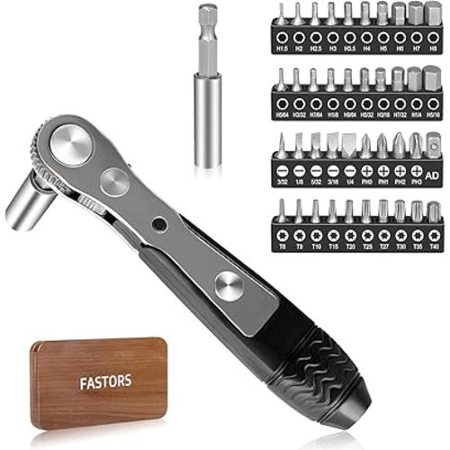 Right Angle Screwdriver,42 PCS 1/4 Mini Ratchet Set,90 Degree Offset Ratcheting Wrench,Hex/Torx/Slotted/Phillips Magnetic Bits,Stocking Stuffers for Men&Women