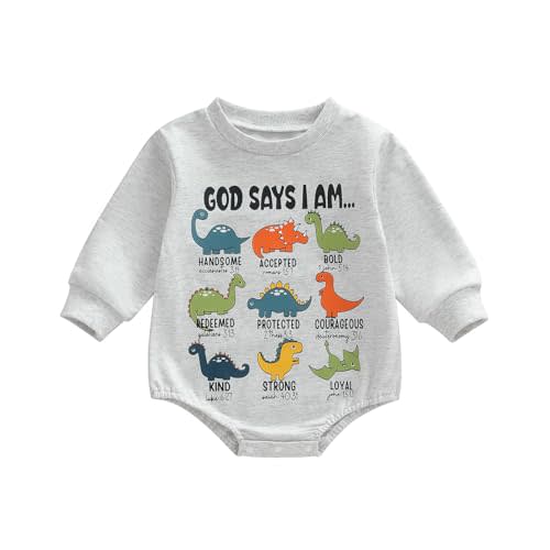 God Says I Am Baby Boy Girl Romper Long Sleeve Crew Neck Letters Dinosaurs Graphic Sweatshirt Onesie