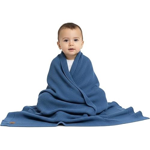 Organic Cotton Baby Blanket 30x40 in, Aegean Blue – GOTS Certified, Soft Knit Swaddle with Gift Box, Breathable Nursery Blanket for Crib & Stroller, Machine Washable