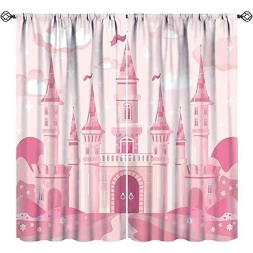 YCness Princess Castle Curtains for Girls Bedroom Pink Art Printed Window Drapes for Kids Children Nursery Decor Fabric Set 2 Panel 52x84 Inch 80% Shading Rate