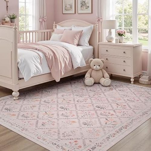 DCX Washable 5x7 Pink Floral Rug for Girls Bedroom, Soft Cottagecore Rug for Baby Girl Nursery, Non Slip Low Pile, Kid & Pet Friendly Vintage Botanical Carpet