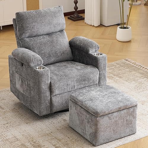 Oversized Power Recliner Chair Swivel Glider with Massage and Heat, Swivel Rocker Recliner with Adjustable Armrests, 26" Wide Nursery Chair with Storage Ottoman, Rocker Nursery Recliner, Dark Grey