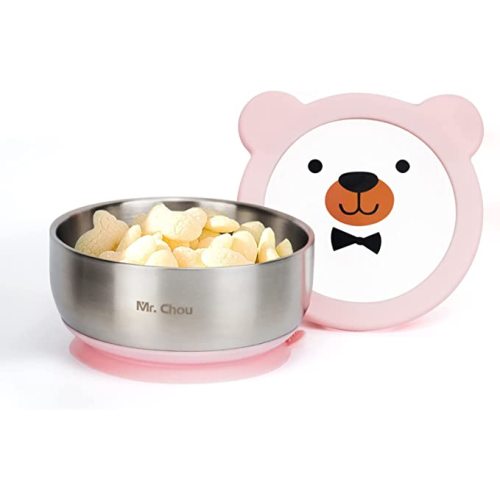 MR. CHOU Food-Grade Stainless Steel Baby Bowls with Leakproof Tempered Glass Lid, First Stage Baby Led Weaning Supplies for Boys & Girls, Silicone Suction Bowls for Baby Feeding (Pink)