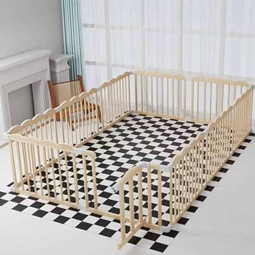 Baby Playpen, Wooden Playpen for Babies and Toddlers, Large Adjustable Wooden Baby Playard with Locking Gate, Easy to Assemble, Portable Play Pen, Infant Play Pen Play Area(47x62x24 Inch)