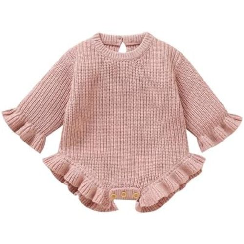 Opewod Baby Girl Knit Sweater Romper Newborn Ruffle Long Sleeve Sweater Crew Neck Pullove Warm Fall Winter Clothes Outfit