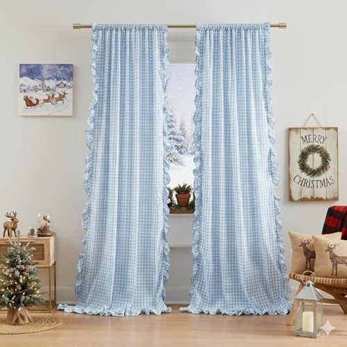 ZJDECOR Baby Blue Buffalo Plaid Ruffle Curtain Panels 84 Inches Long,Rustic Crinkled Not-See-Through Sheer Drapes,Shabby Chic Window Treatment for Bedroom Living Room,Rod Pocket,40" Wx84 L,Pack of 2