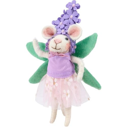 Primitives by Kathy Purple Flower Mouse Collectible Felt Critter, 5-inch, Handmade Mouse Figurine with Bead Accents & Floral Dress - Whimsical Spring & Easter Tiered Tray, Shelf, or Tablescape Decor
