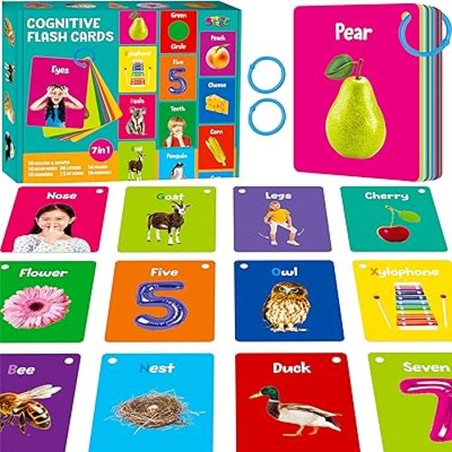 50 PCS Early Learning Flashcards, 7 in 1 Double Sided Cards- Alphabet, Numbers, Foods, Animals, Shapes, Colors with 2 Reclosable Rings, Learning Tool for Pre-K Kindergarten Toddlers