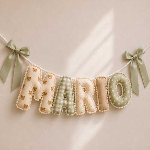 Personalized Baby Name Banner, Nursery Name Garland, Teddy Bear Baby Shower Decor, Fabric Letter Bunting, Neutral Nursery Wall Decor