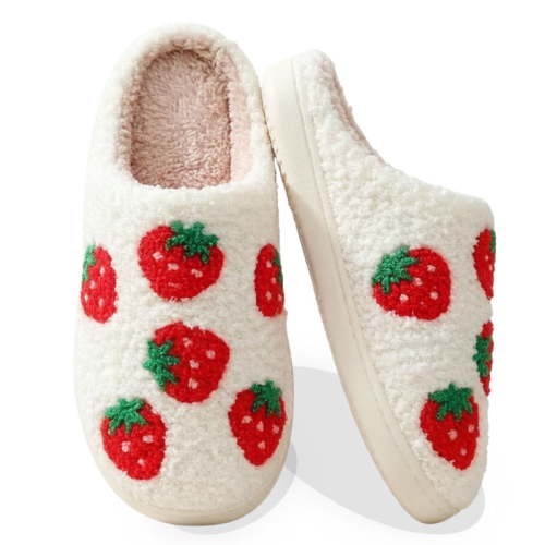 BERANMEY Cute Strawberry Slippers for Women Perfect Soft Plush Comfy Warm Slip-On Happy Face Slippers fo Women Indoor fluffy Smile House Slippers for Women and Men Non-slip Fuzzy Flat Slides