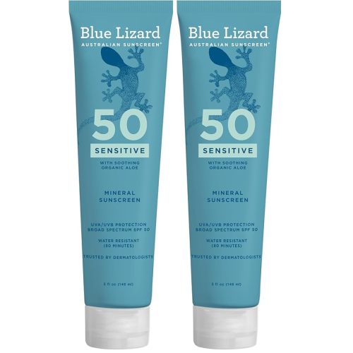 BLUE LIZARD Mineral Sunscreen, SPF 50+, Tube, Zinc Oxide | Water Resistant | Fragrance Free | For Sensitive Skin | 5 Fl Oz Pack of 2