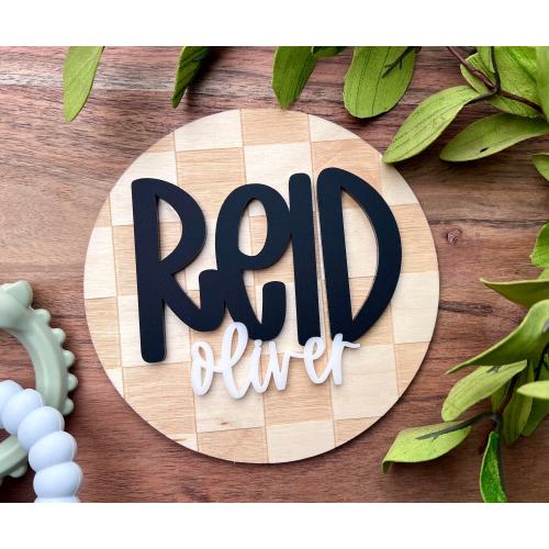 Baby Announcement Sign w/ Checker Board Design, Birth Announcement Round, Stat Sign, Personalized Baby Name Sign, Checkered, Baby Room Decor