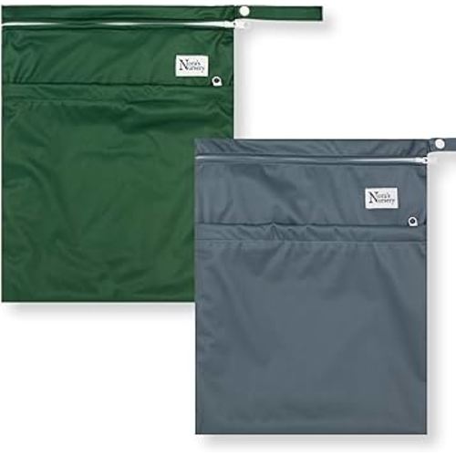 Nora's Nursery Wet Dry Bags with Two Zippered Pockets - Reusable and Washable Wet Bag for Swimming, Travel, Beach, Pool, Daycare, Cloth Diapers, Toiletries and Swimsuits - 11x15 - Forrest - 2 Pack