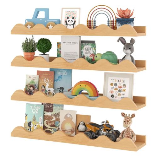 Costway Kids Bookshelf Set of 4 with Fir Wood Structure & Wavy Anti-Falling Edge