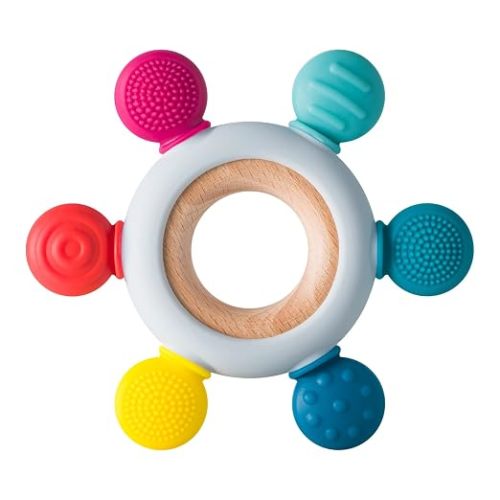 Baby Teething Toys Silicone Teethers BPA Free Silicone Rudder with Wooden Ring Soothe Babies Gums (Khaki)