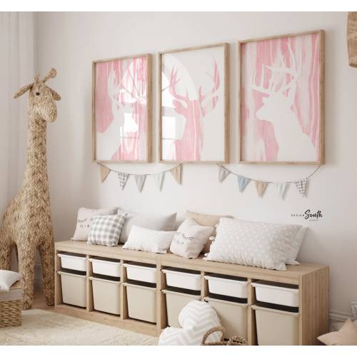 Pink Deer Antler Nursery Prints: Girls Woodland Decor