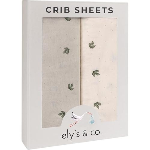 Ely’s & Co. Crib Sheets Baby Girl/Boy Fitted Crib Mattress Sheet Set, 2 Pack, 100% Jersey Knit Cotton, Infant and Toddler Nursery Bedding, Neutral Taupe and Cream with Sage Vintage Print, 28” x 52”