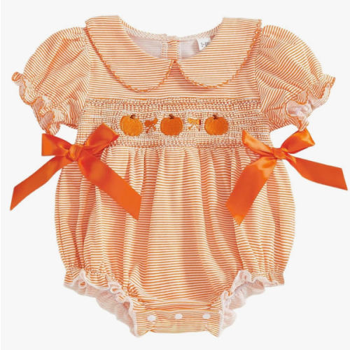 Adobabirl My First Halloween Baby Girl Outfit Ghost Embroidery Bubble Romper Short Sleeve Bow Jumpsuit Smocked Clothes