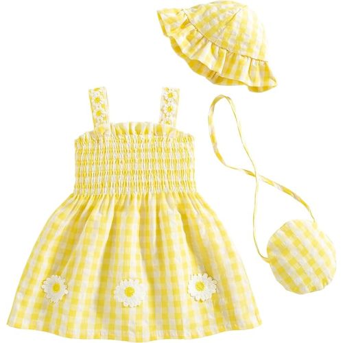 Renotemy Baby Girl Dresses Cute Summer Baby Girl Clothes Gifts 3Months-3T | Toddler Girl Clothes,Infant Dress for Girls with Hat and Bag,Smocked Sleeveless Sundress,Princess Beach Boho Clothing