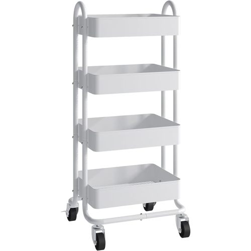 4 Tier Metal Rolling Cart with Wheels,4 Tier Utility Cart with Wheels for Office,Home,Kitchen,Garden（13.4"x18.1"x40"） White