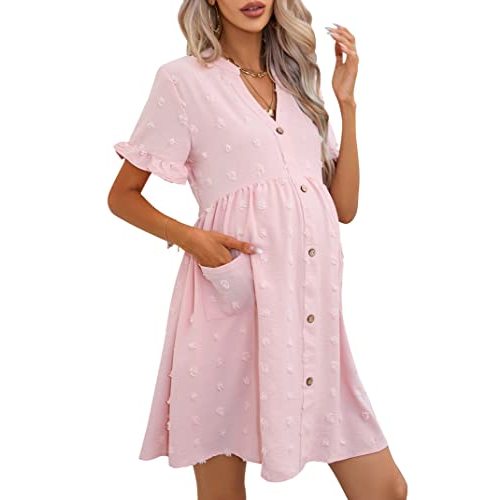 KOJOOIN Maternity Swiss Dot Dress Summer V Neck Short Sleeve Button Down Mini Dress Baby Shower Photoshoot with Pockets
