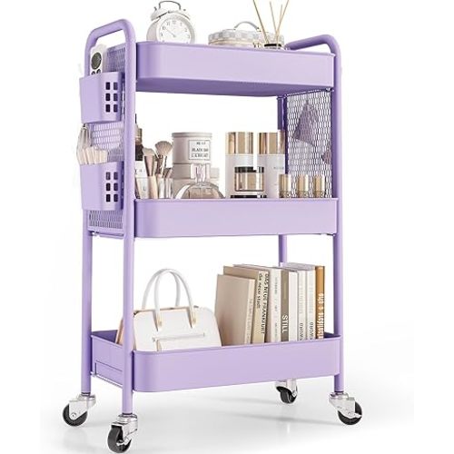 TOOLF 3 Tier Rolling Cart Storage Organizer, Metal Rolling Utility Cart with Wheels, Hooks & Bins Esthetician Craft Art Sturdy Storage with Pegboard for Bathroom, Kitchen, Office, Nursery Diaper