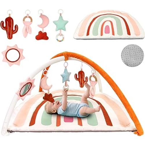 Baby Play Gym & Washable Activity Mat, Non Slip Bottom Tummy Time Mat with 5 Detachable Sensory Toys for Motor Skills, Newborn Infant Baby Essentials Shower Gift(Rainbow)