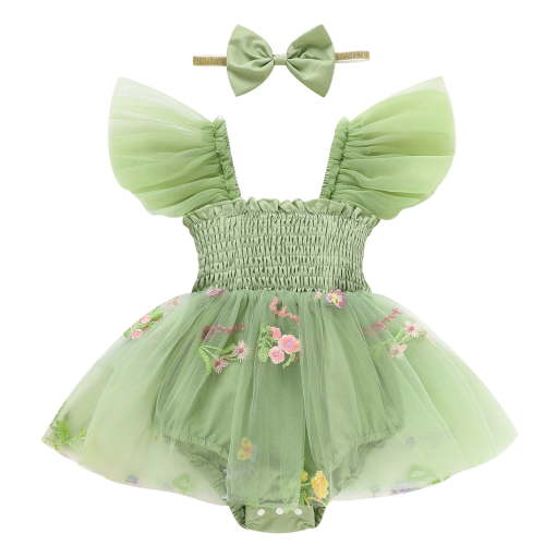 ZEHJUHAN Baby Girl Tulle Romper Summer Bodysuit with Flutter Sleeves Floral Embroidery Cake Smash Outfit First Birthday Photo Shoot Green，6-12M