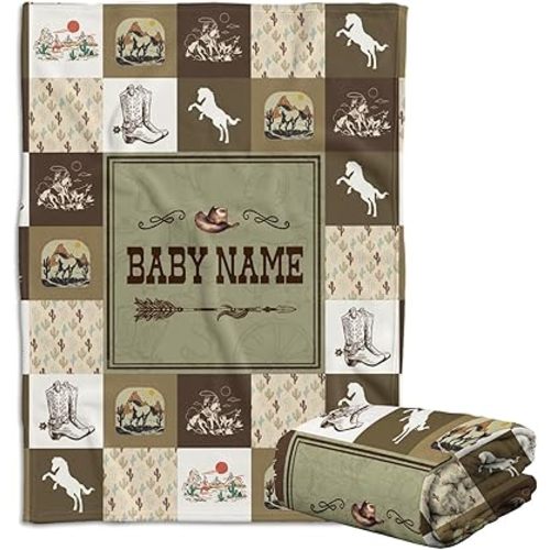 Personalized Baby Blankets for Boys, Western Baby Stuff, Cowboy Blanket for Baby Girls, Custom Name Western Nursery Decorations, Crib Stroller Blankets for Toddlers Newborn, Sage Green x Brown Theme