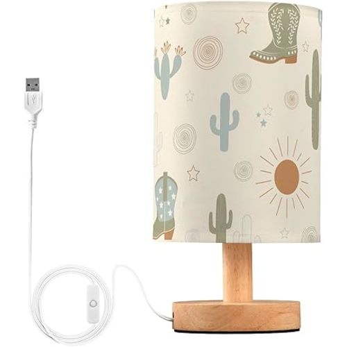 Bedside Table Lamp Western Cowboy Boots Cactus Nightstand Lamp with Wood Desk Lamps for Bedroom Living Room Nursery Office Home Decor
