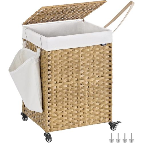 SONGMICS Laundry Hamper with Lid, 31.7 Gallons (120 L), Rolling Laundry Basket with Wheels, Synthetic Rattan, Removable Liner, Bedroom, 18.1 x 15.7 x 26 Inches, Natural Color ULCB161Y01